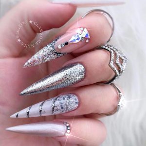 stiletto nails silver glitter tips rhinestonesnes-long-acrylic